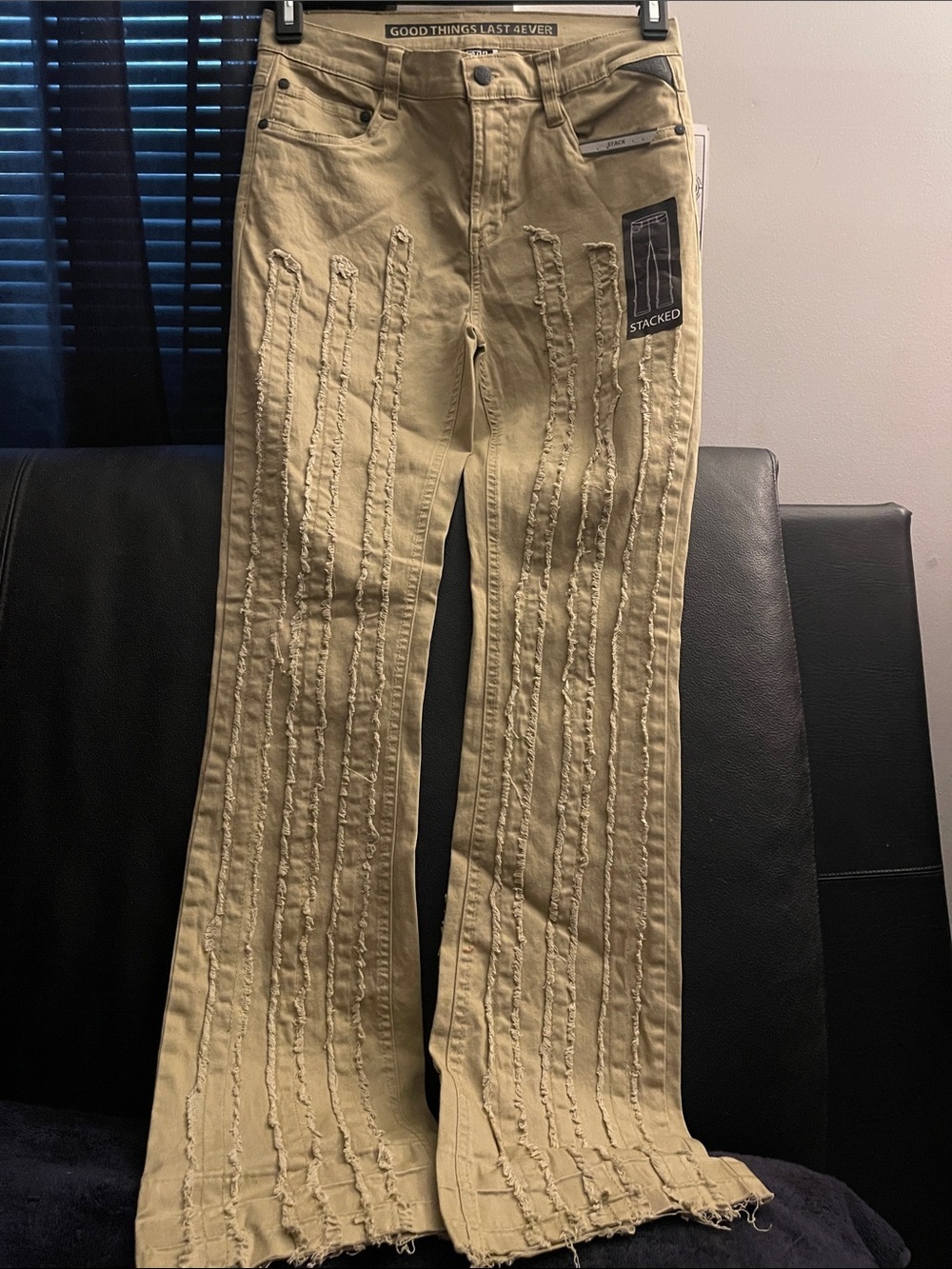 GTL4 MEN STACKED FRAYED HEM  BOOT CUT KHAKI COLORED JEANS NWT